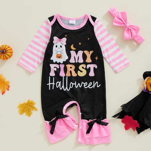 My First Halloween Baby Girl Outfit Pumpkin Onesie Long Sleeve Romper Ghost Striped Jumpsuit Fall Clothes2