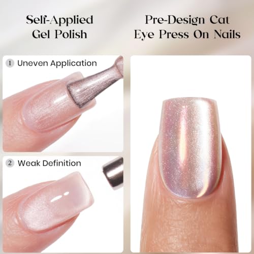 Image of Beetles Pearl Chrome Press On Nails, Purple Cat Eye Short Square, 30 PCS