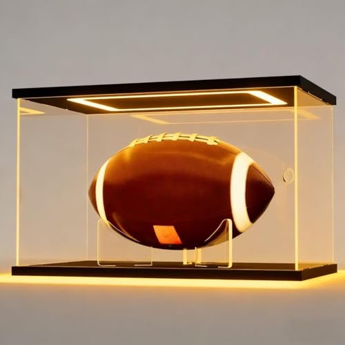 Image of Acrylic Football Display Case with LED Lights,Dustproof Memorabilia Display Box Showcase for Full Size Football with Removable Ball Stand&UV Protection (Black 12.6x7.5x7.5 inch)