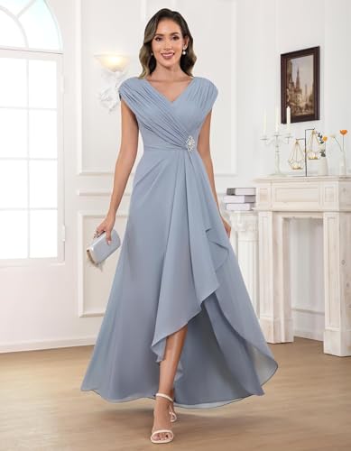 Cap Sleeve Mother of The Bride Dresses Chiffon V Neck Ruffles Beaded A Line Long Formal Wedding Guest Dress3
