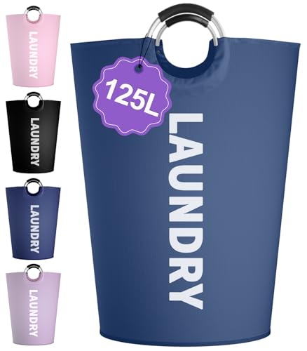 Image of 125L Collapsible Laundry Basket with Handles, Extra-large Laundry Hamper for Bedroom, Freestanding Dirty Clothes Basket, Sturdy Laundry Bin for Living Room, Camping, Navy Blue