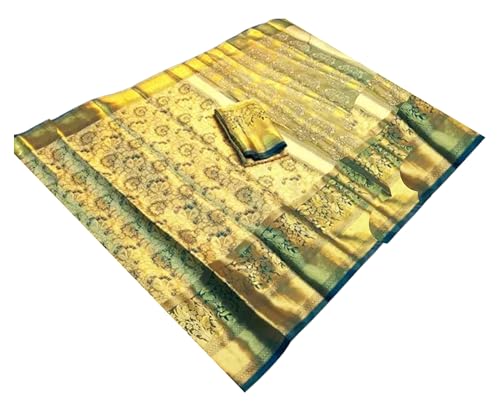 Kanjivaram Silk Saree Muga Golden Tussar Style Zari Pallu With Blouse- Cream Green