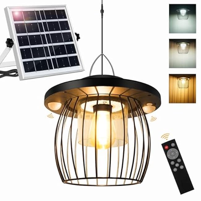 Shed Light Solar Powered Gazebo Lights Outdoor Solar Hanging Lamps Outside for Porch Barn Chicken Coop Indoor with Remote, Double Motion Sensor, 16.5ft Cord, Dimmable Warm/Cool White Work Day & Night