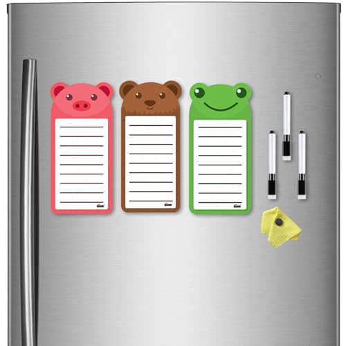 Image of Windup Magnetic to Do List Set, 3 Animal Designs with Markers, 10x21 cm Dry-Erase Boards, Fridge Organiser with Frog Bear Pig