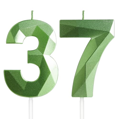 Velas de Cumpleaños 37 Años Verde, Decoraciones para Hombres y Mujeres, Número 37 3D para Tarta, Topper de Vela Verde, Suministros para Fiestas, Bodas y Aniversarios
