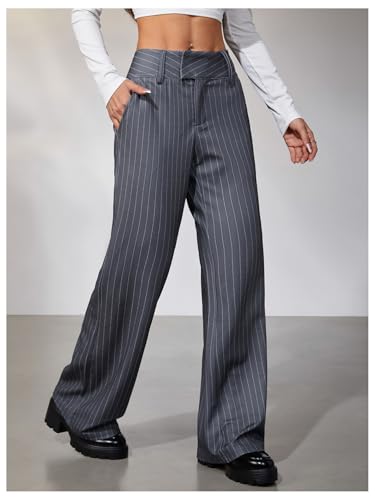 MakeMeChic Women's Striped Dressy Pants Straight Leg Work Office Long Trousers3