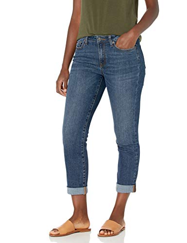 Amazon Essentials Women's Mid-Rise Girlfriend Cropped Jean, Medium Destructed, 16 Regular
