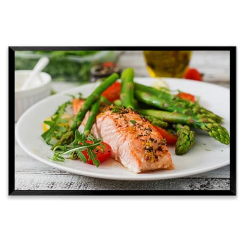 Baked salmon garnished asparagus and tomatoes herbs Black Framed Canvas