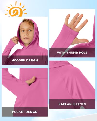 Image of Boys Rash Guard Long Sleeve Hoodie Swim Shirt with Pocket Youth Kids UPF 50+ Sun Protection Fishing Shirts Thumb Hole