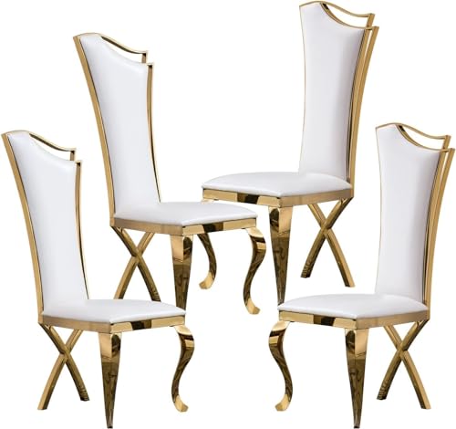 Goderfuu Luxury Leather Dining Chairs Set of 4, Modern Kitchen Dining Room Chairs with Gold Stainless Steel Legs and Harp Back, Upholstered Dining Chairs White Dining Chairs Living Room Side Chair