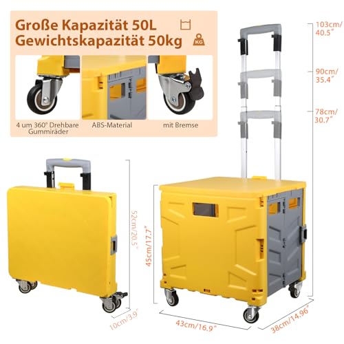 Einkaufstrolley Klappbar, Transport Trolley, bis 50 kg, 50 l Kiste, Einkaufskorb mit Deckel,...