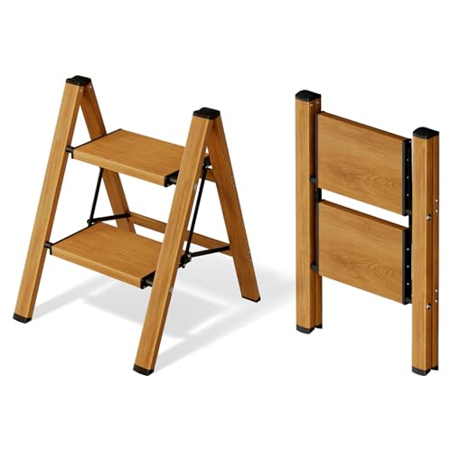 Mayi Plus 2 Step Ladder Aluminum Folding Step Stool for Adults Step Ladder with Wide Anti-Slip Pedal 330 lbs Capacity for Home Office Kitchen Library(Woodgrain)