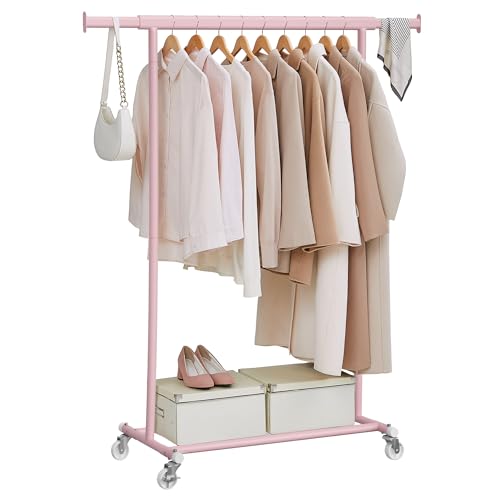 SONGMICS Clothes Rack on Wheels, Heavy Duty Clothes Rail, 45 x (92-132) x 161.5 cm, with Extendable Hanging Rail, 100 kg Load Capacity, Easy Assembly, Portable, Jelly Pink HSR013R01