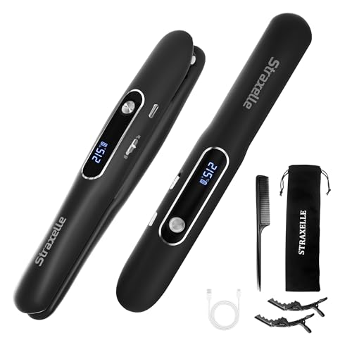 Image of Mini Cordless Hair Straighteners and Curler,5000mAh Rechargeable Travel Straighteners Cordless with LED Display,2 in 1 Portable Flat Iron Hair Straightener 3 Temp Levels for Fine to Thick Hair(Black)