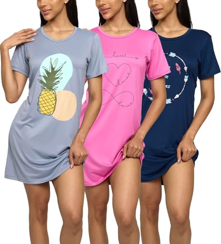 [ARZER] Real Essentials 3 Pack: Women's Printed Nightshirt Short Sleeve Ultra-Soft Nightgown Sleep Dress (Available In Plus Size