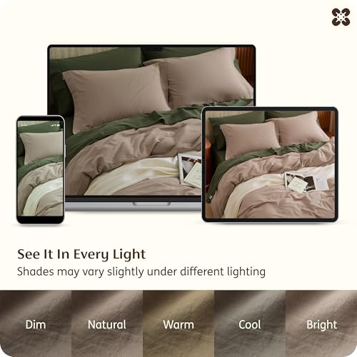 Image of Bedsure 100% Washed Cotton Duvet Cover Queen Size - Light Brown Minimalist Bedding Set Linen Like - PureWoven Plain Simple & Soft Comforter Cover 3-Piece, 3 Pieces (Light Brown, Queen, 90 inchx90 inch)