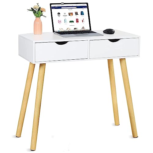 Image of Shoppee Engineered Wood Desk with 2 Drawers for, Computer Desk with Storage Shelves, Makeup Vanity Desk, Modern Writing Study Table Home Office Desks for Bedroom (Full White)