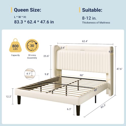 Image of Allewie Full Size Platform Bed Frame with USB Charging Station and Storage Shelf /Upholstered Velvet Wingback Headboard /Wooden Slats Support /No Box Spring Needed /Easy Assembly, Cream