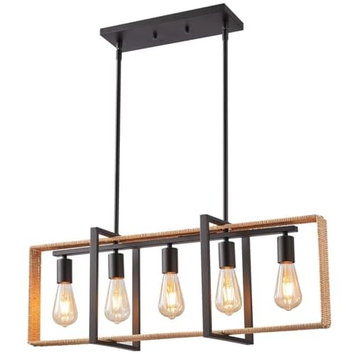 30.7 in Kitchen Island Lighting, 5 Light Matte Black Rectangle Light Fixture with Adjustable Height, Pendant Lights Linear Chandeliers for Dining Room