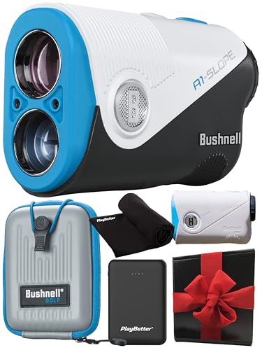 Bushnell A1-Slope Golf Laser Rangefinder Gift Box Bundle - Ultra-Compact, 6X Magnification, BITE Magnetic Skin, PinSeeker with JOLT with PlayBetter Portable Charger & Microfiber Towel