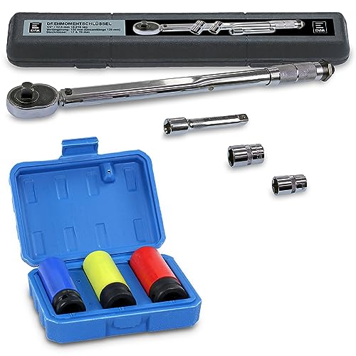 ENVA Profi Drehmomentschlüssel 10-210 Nm + Kraft Stecknüsse Set 3TLG. inkl. Verlängerung für Auto Reparatur & Wartung