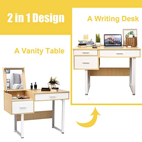 CHARMAID Makeup Table Writing Desk with Flip Top Mirror, Vanity Table with 5 Storage Compartments, Dressing Table Computer Laptop Desk with 2 Large Drawers for Students Girls Women