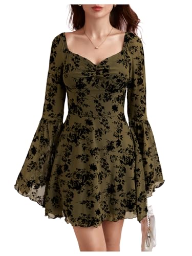 Image of WDIRARA Women's Floral Jacquard Mesh Gothic Dress Bell Long Sleeve A Line Vintage Dresses | Mesh fabric, A-line, vintage