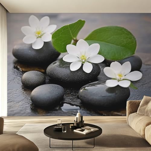 Papier Peint Pierre Zen et Fleur Blanc Intissé Salon 375x250 cm - 4