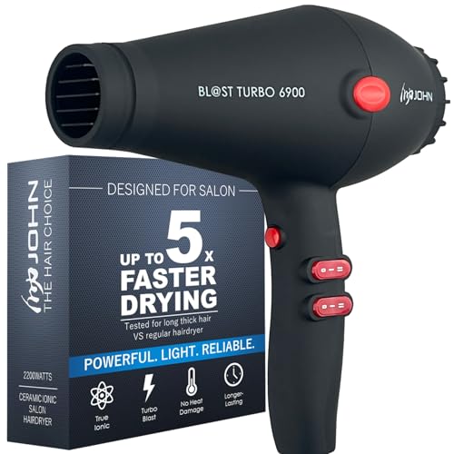 JOHN Ionic Hairdryer for Salon 2200W | Professional Hair Blow Dryer | Blast Turbo 6900 Soft Touch Black