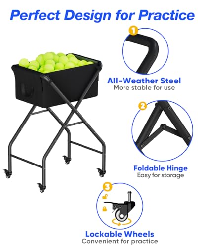 Ardier Tennis Ball Hopper Cart Holds 175 Tennis Balls or 140 Pickleballs, Portable Pickleball Collector Caddy with Wheels, Foldable Baseball Basket Holder for Court Training & Coaching