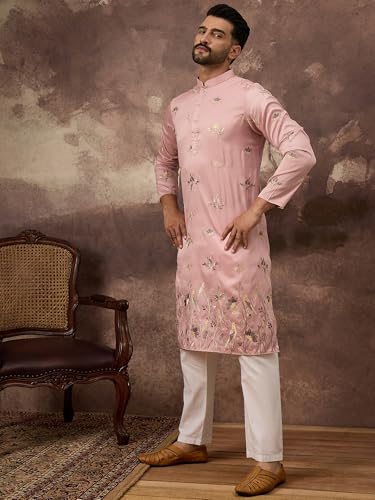 Image of Men's Calf Length Silk Blend Embroidered Solid Kurtas | Men | Kurtas for Mens | Straight Fit Kurta for Men's