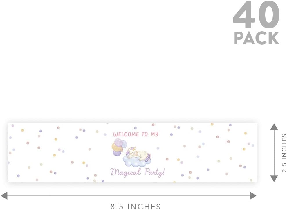 Andaz Press Welcome to My Magical Party Unicorn Waterproof Water Bottle Labels, First Birthday Party Favor Water Bottle Wraps Pastel Unicorn Theme for Girls Birthday Party Stickers, 40-Pack
