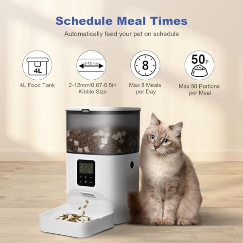 Automatic Cat Feeder, 4L Cat Food Dispenser with 10s Voice Recorder, Pet Feeder up to 8 Meals per Day, Timed Dog Feeder with Dry Food Sealed Ring (White, 4L-Basic) - Image 3