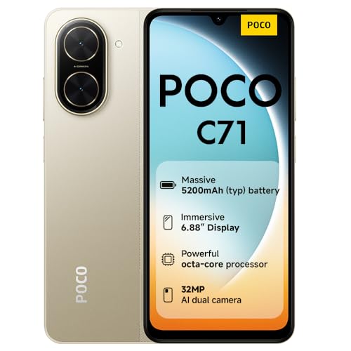 Poco C71 Smartphone, 3+64GB, Dorado, procesador UNISOC T7250, batería de 5200 mAh, cámara Dual AI de 32 MP, Pantalla Grande de 6.9 Pulgadas (no Incluye Adaptador de Corriente)