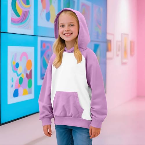 Girls Hoodies Colorblock Raglan Long Sleeve Hooded Pullover Top Casual Sport Fleece Sweatshirt with Pocket 2-15 Years2