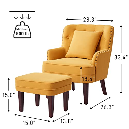 Huimo Accent Chair With Ottoman And Pillow, Club Chair And Ottoman Set With Bronzer Nail Head Trim Wooden Legs, Upholstered Armchair, Button Tufted Reading Chair For Living Room, Bedroom（Yellow） #TOP1