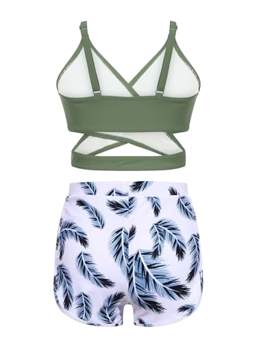 Kids Girls 3Pcs Rash Guard Feather Print Athletic Swimsuit Swim Bikini and Beach Shorts Bathing Suit4