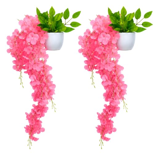 Image of fancymart Artificial Flower Pink Wisteria Hanging Plant with White Pot, 60 cm Height, Pack of 2, Realistic Floral Vine for Home, Office, Living Room & Wall Decor