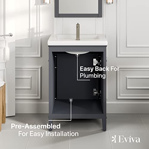 Eviva Modern Standing Bathroom Vanities - Solid Wood Dark Gray 24 Inch Vanity With Sink For Bathroom - New York Bathroom Sink Cabinet W/Brushed Nickel Knobs/Handles And Porcelain Vanity Sink #TOP3