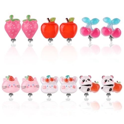 6 Paar Ohrclips Kinder, Ohrclip Set für Kinder Ohne Piercing Süßes Schmuckgeschenk im Kirsch Erdbeer Panda Katzen Stil