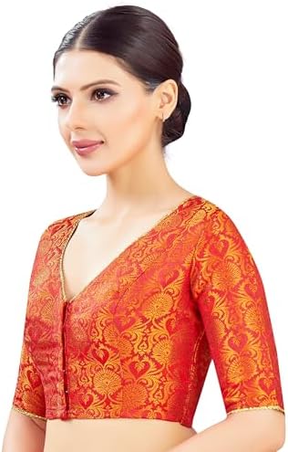 Studio Shringaar Women's Silky Brocade V-Neck Readymade Saree Blouse