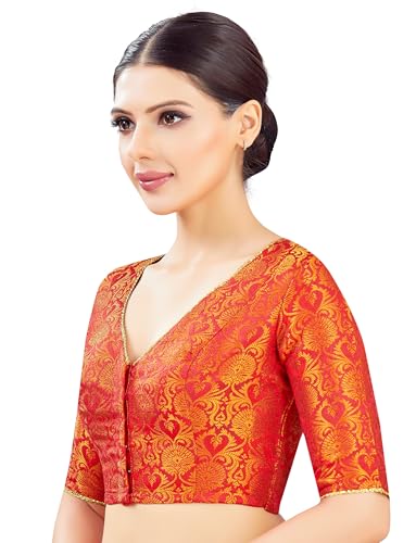 Studio Shringaar Women's Silky Brocade V-Neck Readymade Saree Blouse