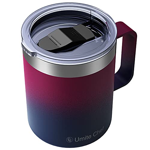 Umite Chef Isolierter Kaffeebecher aus Edelstahl, mit Griff, 355 ml, doppelwandig, mit Deckel, isoliert, für heiße und kalte Getränke, Rot und Marineblau Cover