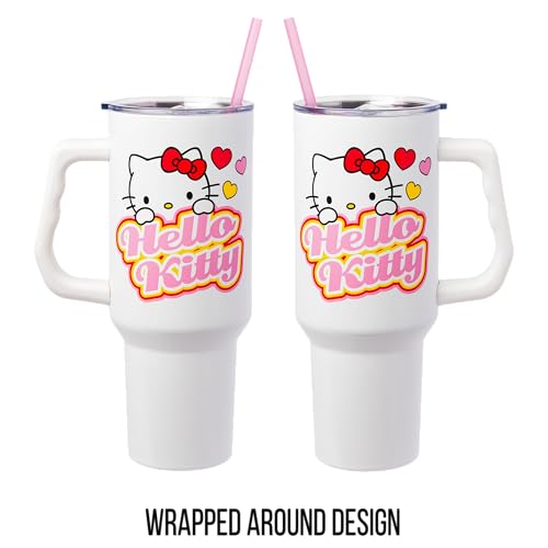 Image of Silver Buffalo Sanrio Hello Kitty Name and Hearts Double Walled Stainless Steel Tumbler with Handle and Straw, Fits in Standard Cup Holder, 40 Ounces
