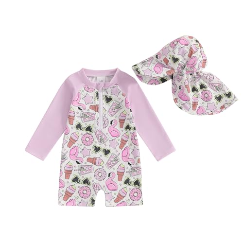 Toddler Baby Girl Swimsuit and Hat Zip Up Long Sleeve All in One Swimming Costume UV Sun Protection Swimwear One Piece Swimming Suit Rash Guard Sunsuit (Animal Flamingo Light Purple, 2-3 Years)