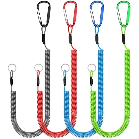 4Pcs Heavy Duty Fishing Lanyard, Retractable Tool Lanyard, Steel Wire Coiled Lanyard, Kayak Fishing Accessories, Fly Fishing Tools, Fishing Gear Lanyard Tether Accessories with Alloy Carabiner Clip Cover