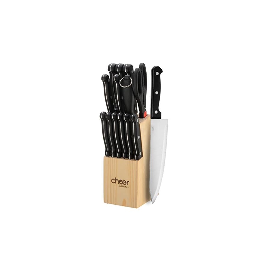 Cheer Collection 13-Piece Stainless Steel Knife Set with Wooden Block | Premium Steak, Paring, Carving, and Butcher Knives with Kitchen Shears | Razor Sharp, Ergonomic Grip