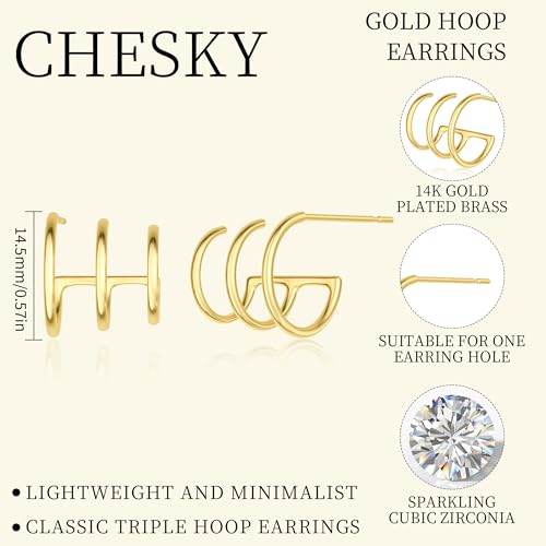 CHESKY 14k Gold Plated Triple Illusion Huggie Stud Earrings, Trendy Double Huggie Hoop Earrings for One Hole, Dainty Minimalist Gold Claw Earrings for Women Cute Everyday Jewelry Gift by CHESKY - Used condition - Image 5