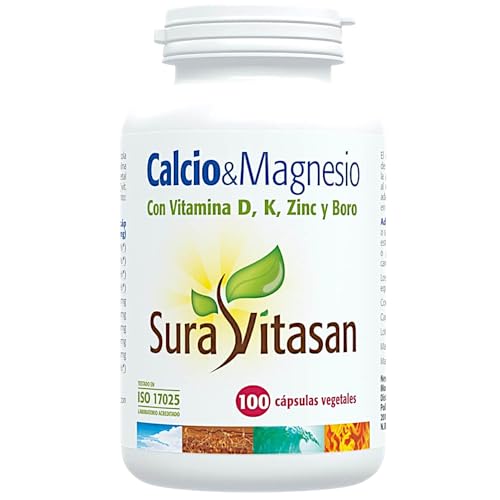 Sura Vitasan Calcio y Magnesio 100 Cápsulas Vegetales - Con Zinc, Boro, Cola de Caballo y Vitaminas D y K1 - Alta Absorción (Citrato) - Salud Ósea Integral y Articulaciones