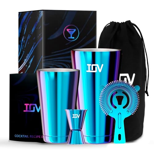 IOV Boston Cocktail Shaker Bar Set, Bartender Kit Drink Mixer Set with 18 oz & 28 oz Boston Shakers, Hawthorne Strainer, Double Jigger, Bar Tool Kit and Recipe Booklet - Rainbow